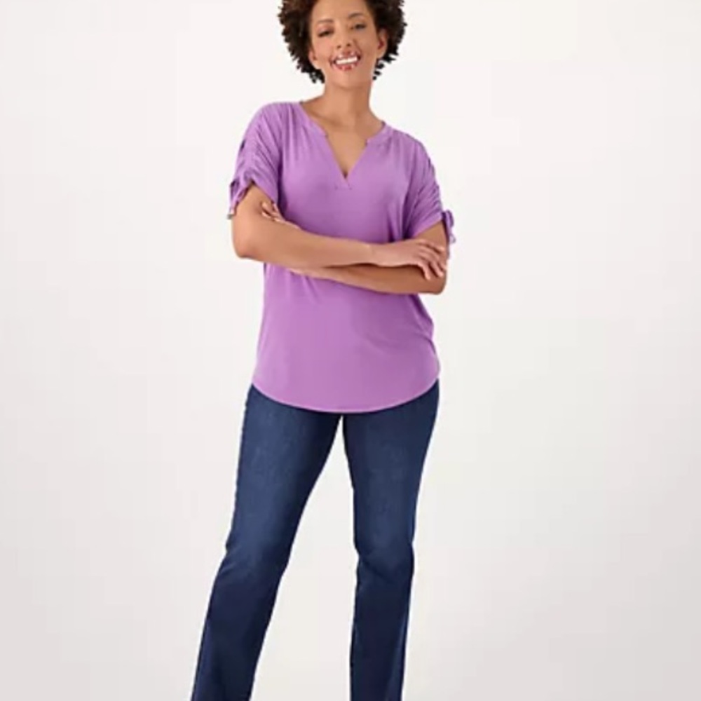 Susan Graver Purple Blouse with Gathered Sleeves